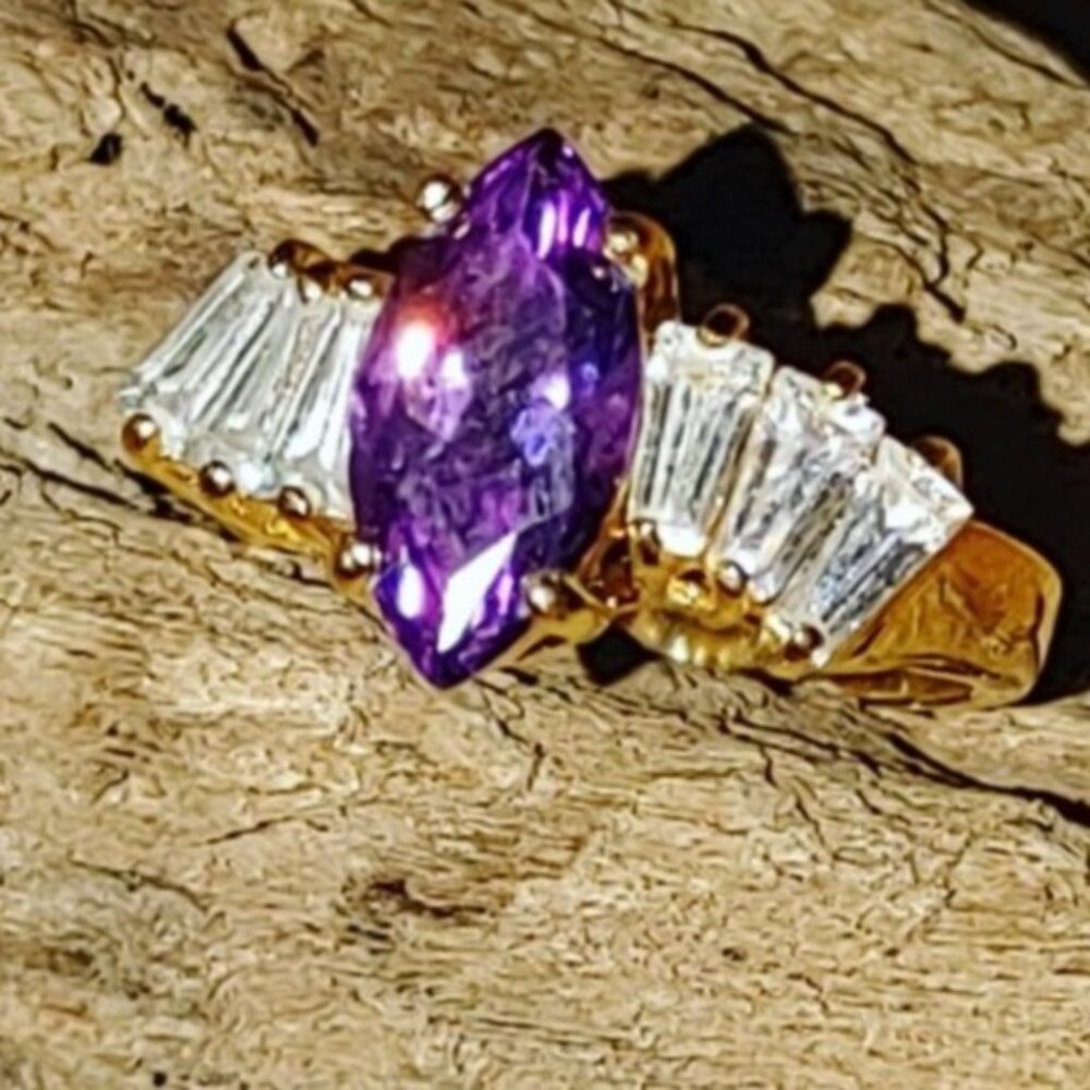 Marquise Cut Purple Clear Crystal Rhinestone Gold Plated Ring Size 6 Elegant